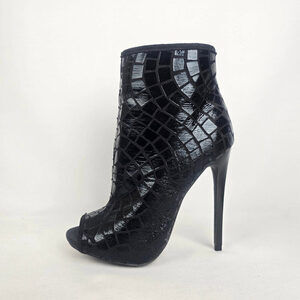 Black Leather Peep Toe Heeled Bootie Size 6
